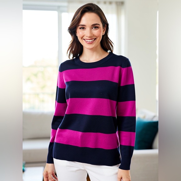J. Crew Sweaters - J.Crew Navy & Magenta Stripe Crewneck Sweater Cotton Wool | XS
